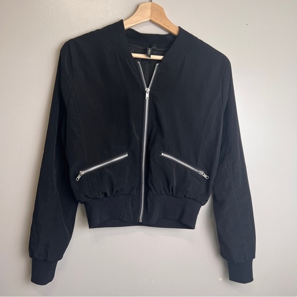 Want and Need Black Bomber Jacket with Silver Zipper Details Women's Size S - Picture 1 of 6